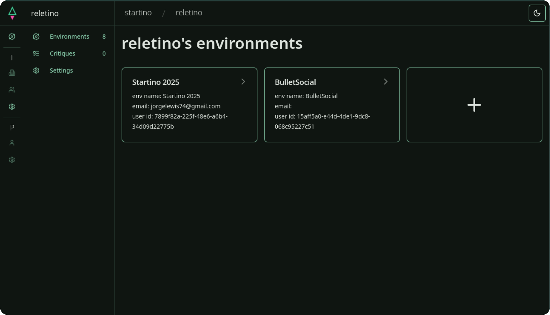 Reletino dashboard showing environment integration with Critino